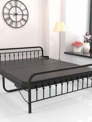 Queen Bed | Foam Mattress Included | Folding Style No Assembly Required (Black,5ft x 6.25ft,with Headboard,Metal)(Queen, with Mattress)