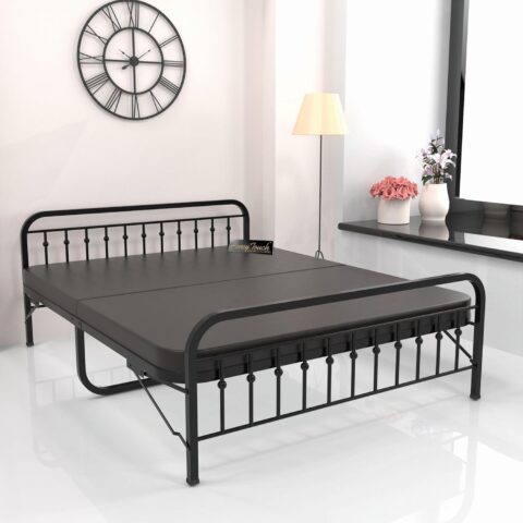 Queen Bed | Foam Mattress Included | Folding Style No Assembly Required (Black,5Ft X 6.25Ft,With Headboard,Metal)(Queen, With Mattress)